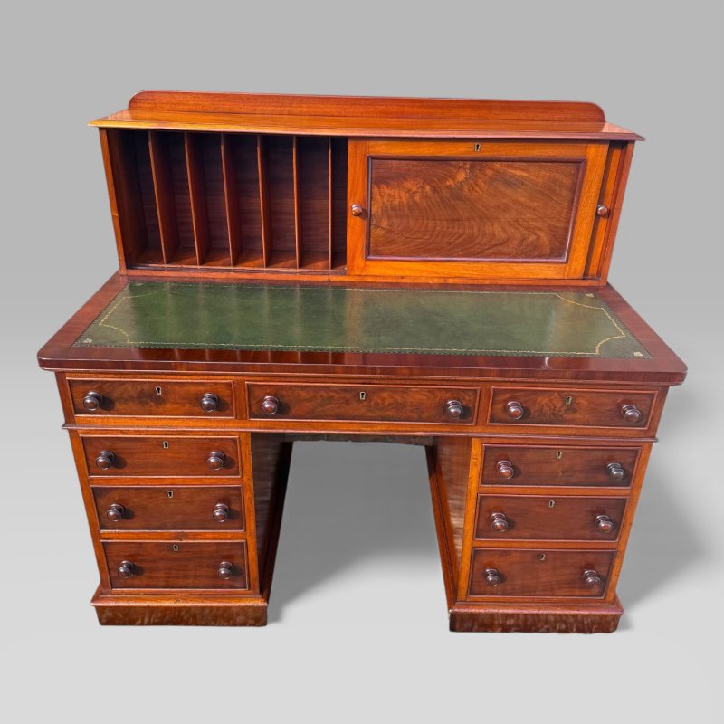 Antique Victorian Mahogany Pedestal Desk – 9 Drawers, Tooled Leather & Cupboard - Image 4